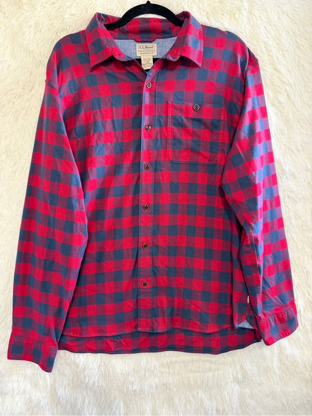 LL Bean Mens Preppy Plaid Long Sleeve Button Up Shirt Size L Red Blue Ivy League